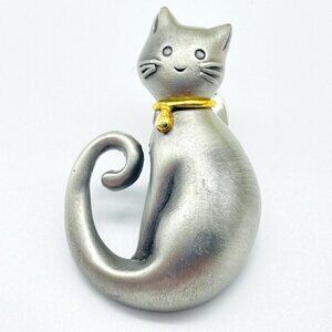 Silver Tone Cat Brooch Curled Tail Modernist Style Kitten Kitty Whimsical Animal